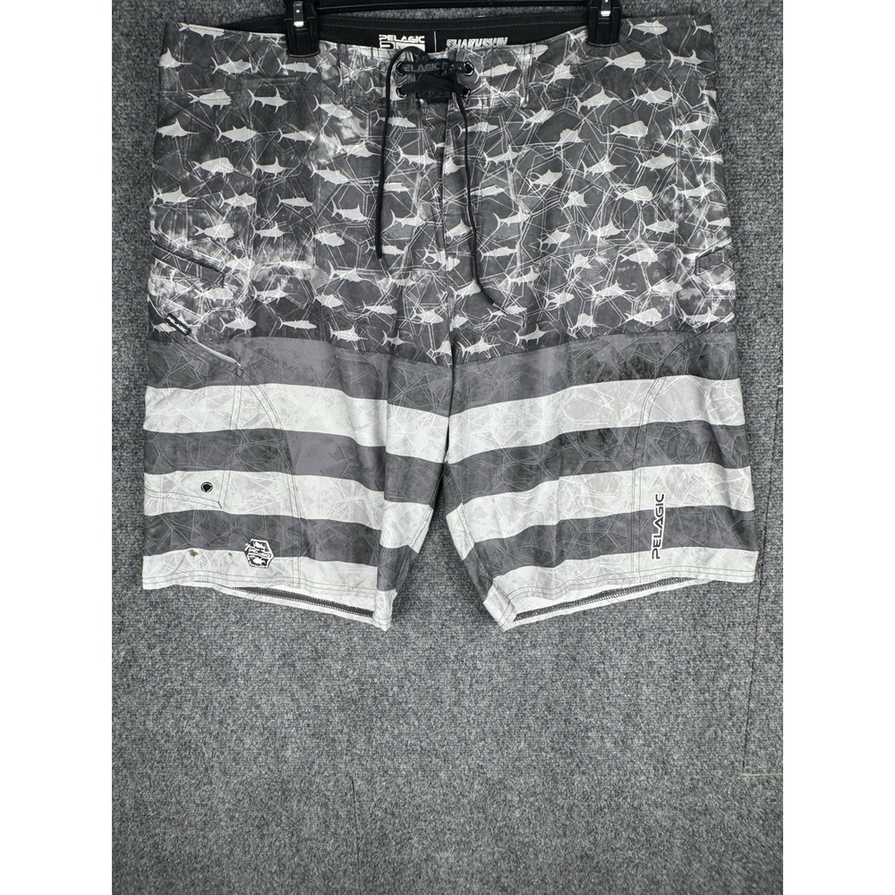 Pelagic Sharkskin Men's 38 Gray American Camo Board Shorts Fish Print